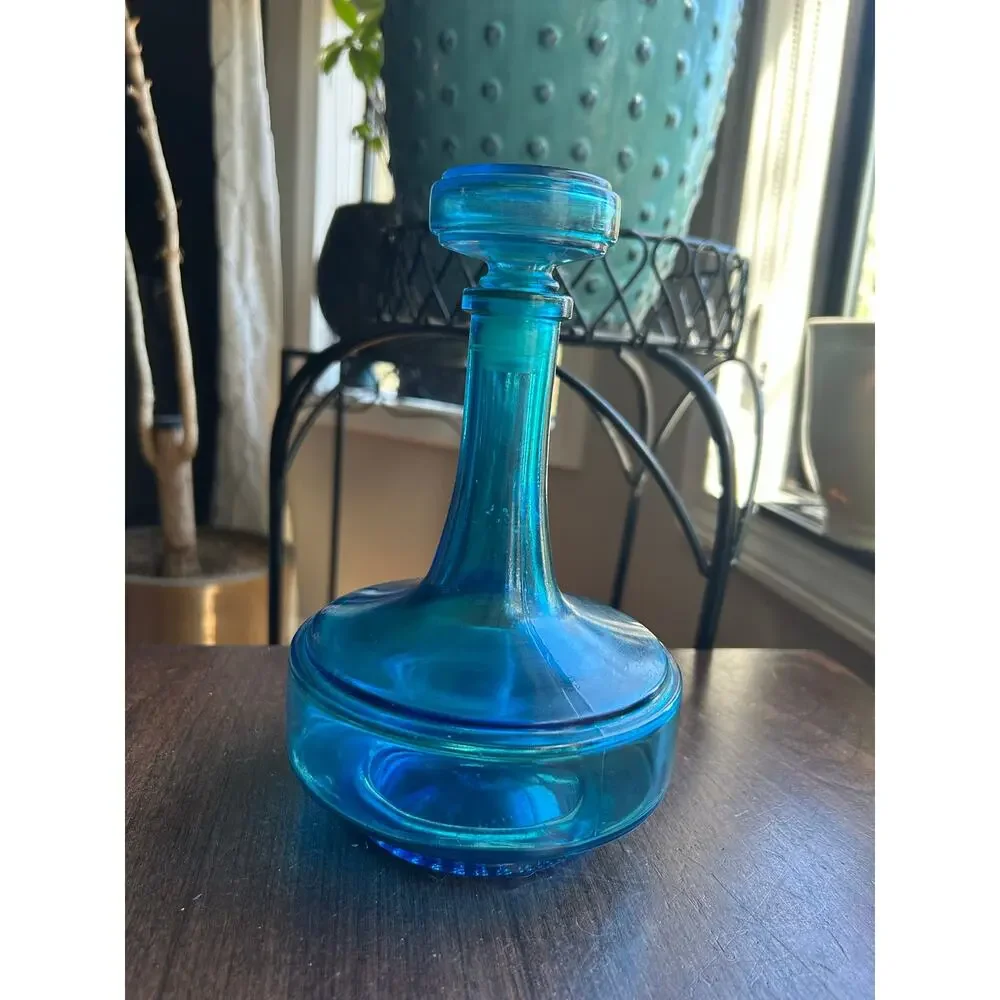 Vtg Mid Century Blue Decanter Bottle with Stopper 8.5